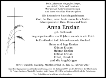 Todesanzeige von Anna Enzian von WESTFÄLISCHER ANZEIGER