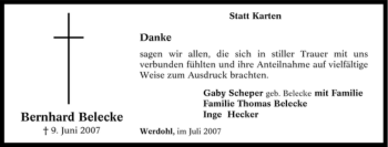 Todesanzeige von Bernhard Belecke von WESTFÄLISCHER ANZEIGER