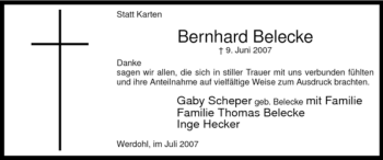 Todesanzeige von Bernhard Belecke von WESTFÄLISCHER ANZEIGER