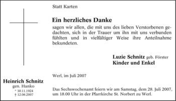 Todesanzeige von Heinrich Schnitz von WESTFÄLISCHER ANZEIGER