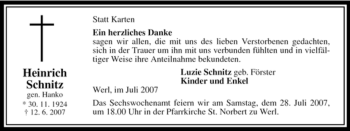 Todesanzeige von Heinrich Schnitz von WESTFÄLISCHER ANZEIGER