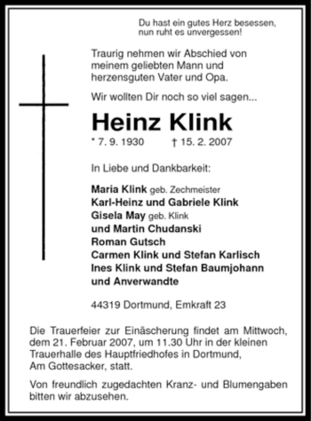 Todesanzeige von Heinz Klink von WESTFÄLISCHER ANZEIGER