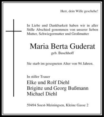 Todesanzeige von Maria Berta Guderat von WESTFÄLISCHER ANZEIGER