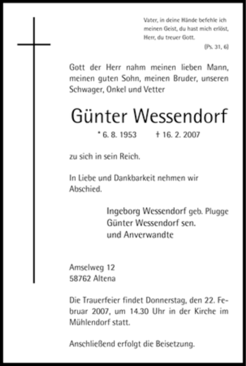Todesanzeige von Günter Wessendorf von WESTFÄLISCHER ANZEIGER