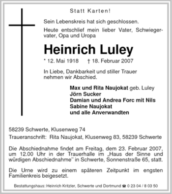Todesanzeige von Heinrich Luley von WESTFÄLISCHER ANZEIGER