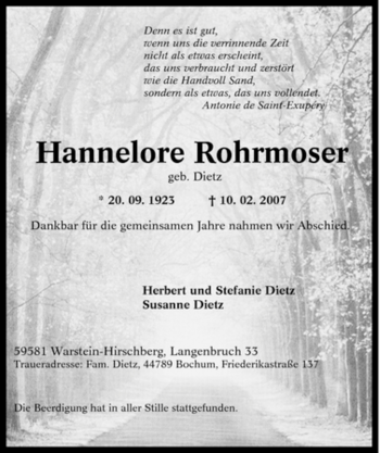 Todesanzeige von Hannelore Rohrmoser von WESTFÄLISCHER ANZEIGER