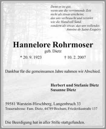 Todesanzeige von Hannelore Rohrmoser von WESTFÄLISCHER ANZEIGER