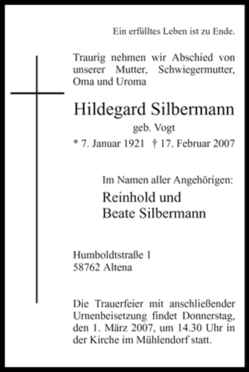 Todesanzeige von Hildegard Silbermann von WESTFÄLISCHER ANZEIGER