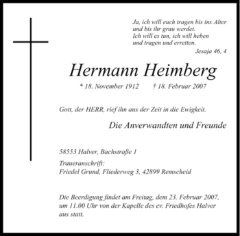 Todesanzeige von Hermann Heimberg von WESTFÄLISCHER ANZEIGER