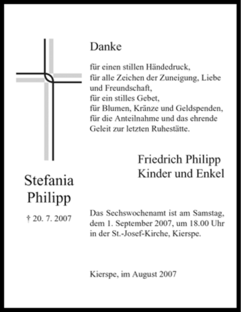 Todesanzeige von Stephania Philipp von WESTFÄLISCHER ANZEIGER
