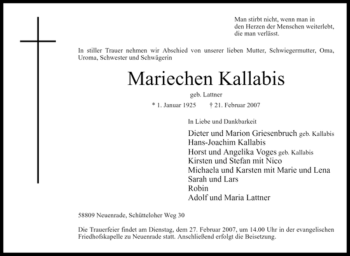 Todesanzeige von Mariechen Kallabis von WESTFÄLISCHER ANZEIGER