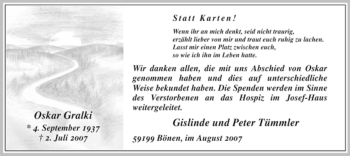 Todesanzeige von Oskar Gralki von WESTFÄLISCHER ANZEIGER