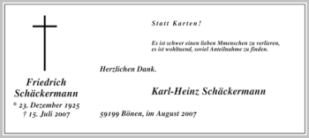 Todesanzeige von Karl-Heinz Schäckermann von WESTFÄLISCHER ANZEIGER