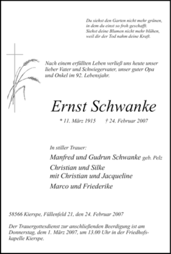 Todesanzeige von Ernst Schwanke von WESTFÄLISCHER ANZEIGER