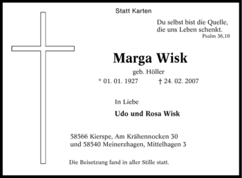 Todesanzeige von Marga Wisk von WESTFÄLISCHER ANZEIGER