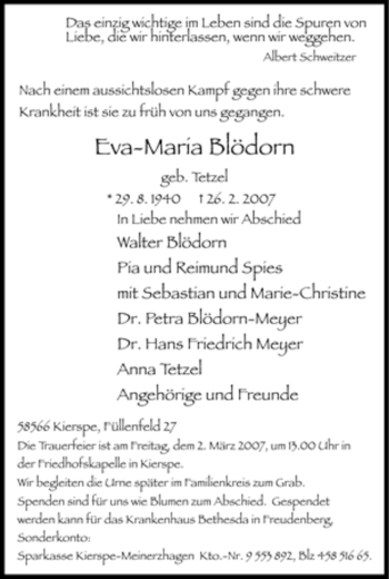 Todesanzeige von Eva-Maria Blödorn von WESTFÄLISCHER ANZEIGER