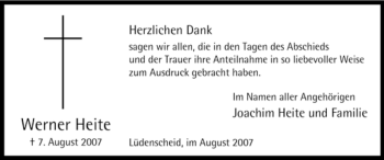 Todesanzeige von Werner Heite von WESTFÄLISCHER ANZEIGER