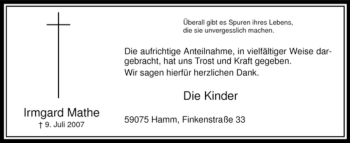 Todesanzeige von Irmgard Mathe von WESTFÄLISCHER ANZEIGER