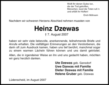 Todesanzeige von Heinz Dzewas von WESTFÄLISCHER ANZEIGER