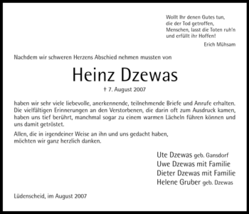 Todesanzeige von Heinz Dzewas von WESTFÄLISCHER ANZEIGER