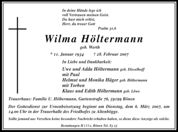 Todesanzeige von Wilma Höltermann von WESTFÄLISCHER ANZEIGER