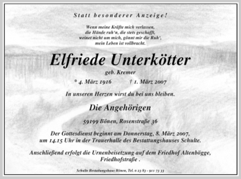 Todesanzeige von Elfriede Unterkötter von WESTFÄLISCHER ANZEIGER