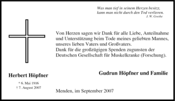 Todesanzeige von Herbert Höpfner von WESTFÄLISCHER ANZEIGER