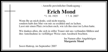 Todesanzeige von Erich Mond von WESTFÄLISCHER ANZEIGER