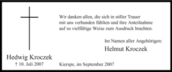 Todesanzeige von Hedwig Kroczek von WESTFÄLISCHER ANZEIGER