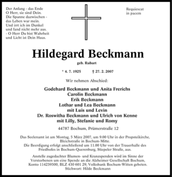 Todesanzeige von Hildegard Beckmann von WESTFÄLISCHER ANZEIGER