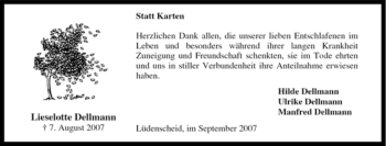 Todesanzeige von Lieselotte Dellmann von WESTFÄLISCHER ANZEIGER