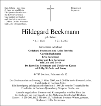 Todesanzeige von Hildegard Beckmann von WESTFÄLISCHER ANZEIGER