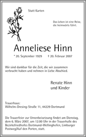 Todesanzeige von Anneliese Hinn von WESTFÄLISCHER ANZEIGER