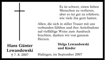 Todesanzeige von Hans Günter Lewandowski von WESTFÄLISCHER ANZEIGER