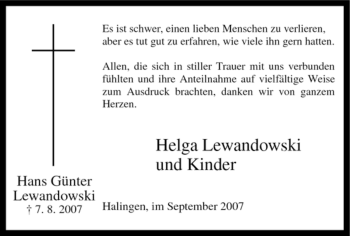 Todesanzeige von Hans Günter Lewandowski von WESTFÄLISCHER ANZEIGER