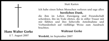 Todesanzeige von Hans Walter Gerke von WESTFÄLISCHER ANZEIGER