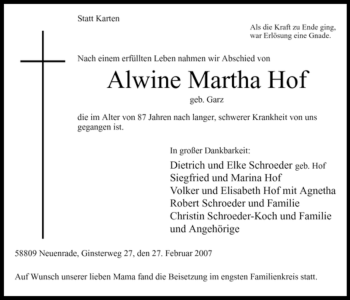 Todesanzeige von Alwine Martha Hof von WESTFÄLISCHER ANZEIGER