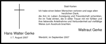 Todesanzeige von Hans Walter Gerke von WESTFÄLISCHER ANZEIGER