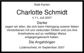 Todesanzeige von Charlotte Schmidt von WESTFÄLISCHER ANZEIGER
