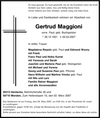 Todesanzeige von Gertrud Maggioni von WESTFÄLISCHER ANZEIGER