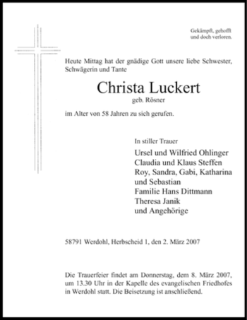 Todesanzeige von Christa Luckert von WESTFÄLISCHER ANZEIGER