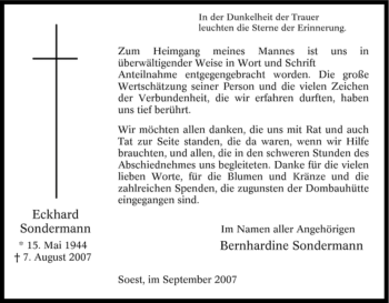 Todesanzeige von Eckhard Sondermann von WESTFÄLISCHER ANZEIGER