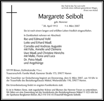 Todesanzeige von Margarete Seibolt von WESTFÄLISCHER ANZEIGER