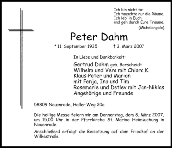 Todesanzeige von Peter Dahm von WESTFÄLISCHER ANZEIGER
