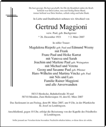 Todesanzeige von Gertrud Maggioni von WESTFÄLISCHER ANZEIGER