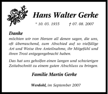 Todesanzeige von Hans Walter Gerke von WESTFÄLISCHER ANZEIGER