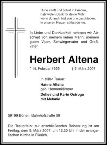 Todesanzeige von Herbert Altena von WESTFÄLISCHER ANZEIGER