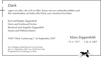 Todesanzeige von Klara Zeppenfeld von WESTFÄLISCHER ANZEIGER