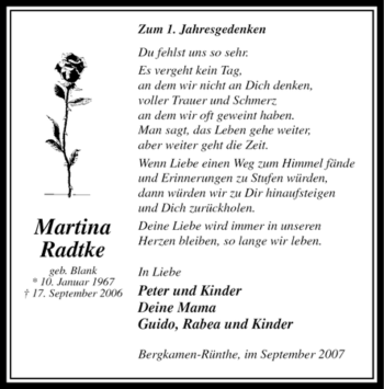 Todesanzeige von Martina Radtke von WESTFÄLISCHER ANZEIGER
