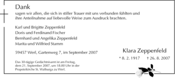Todesanzeige von Klara Zeppenfeld von WESTFÄLISCHER ANZEIGER